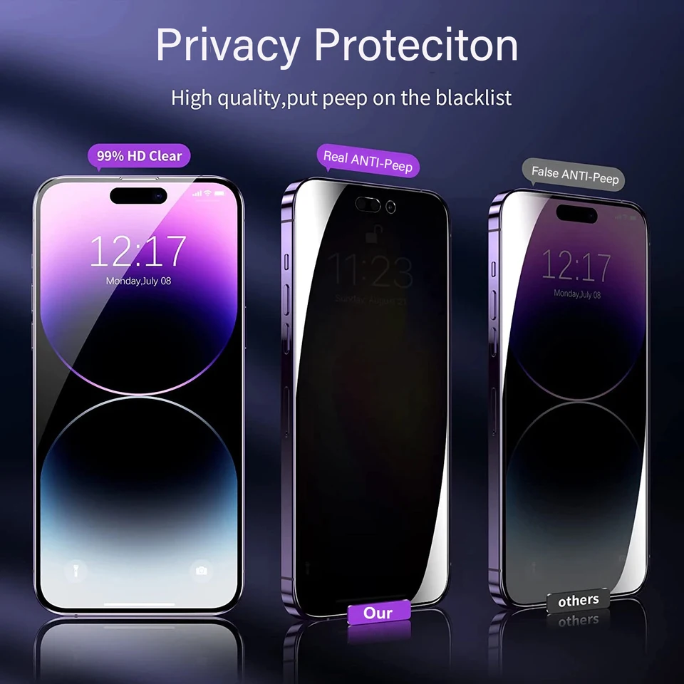 [3 Vidrios Antiespías +3 Protectores de Lente] Protector de Pantalla de Privacidad Rayo Púrpura para iPhone 17 16 15 14 Plus 13 12 Mini 11 Pro Max 16e Film 2