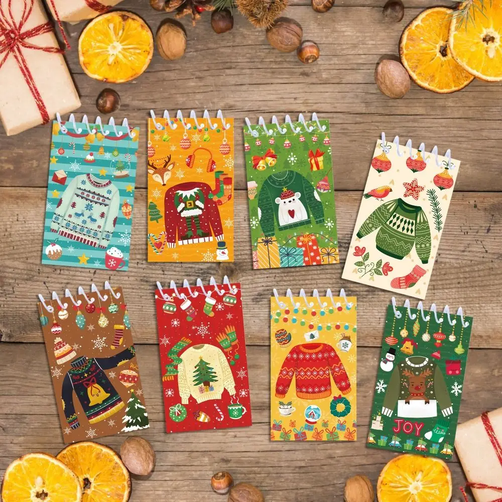 สมุดโน้ตแบบสันห่วงลายคริสต์มาส 8 เล่ม ขนาดมินิ ดีไซน์เกลียว หลายแบบ ลายซานตาคลอส ของขวัญปีใหม่