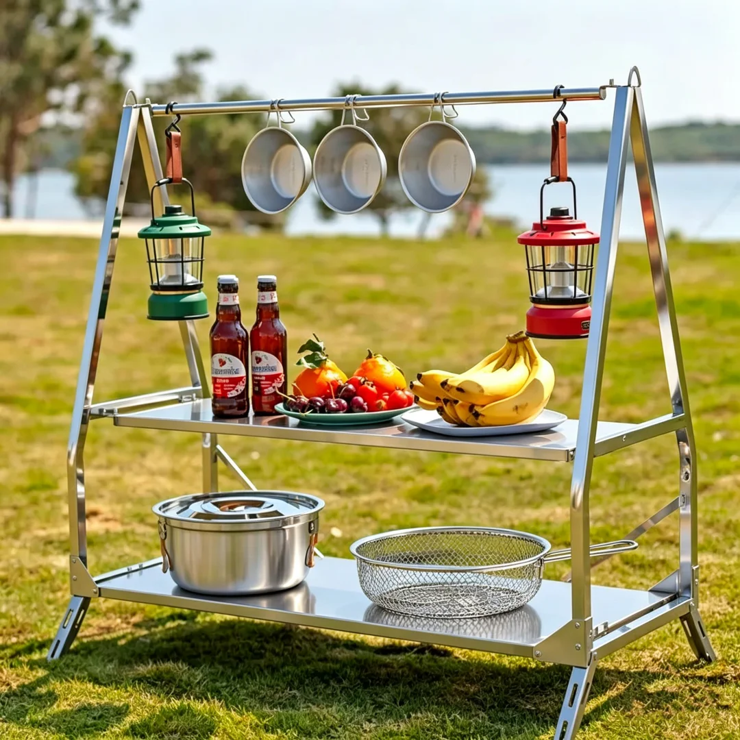 Outdoor Camping Storage Shelf Portable Folding Shelf Storage Rack Garden Stainless Steel Stand