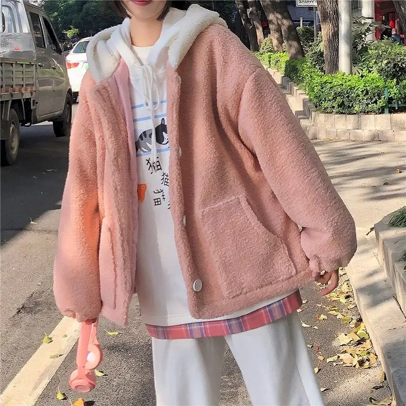 

2024 Autumn Winter New Hooded Jacket indie Women Plus Velvet Thicken Imitation Lamb Velvet Korean Loose Student Coat Kawaii cute