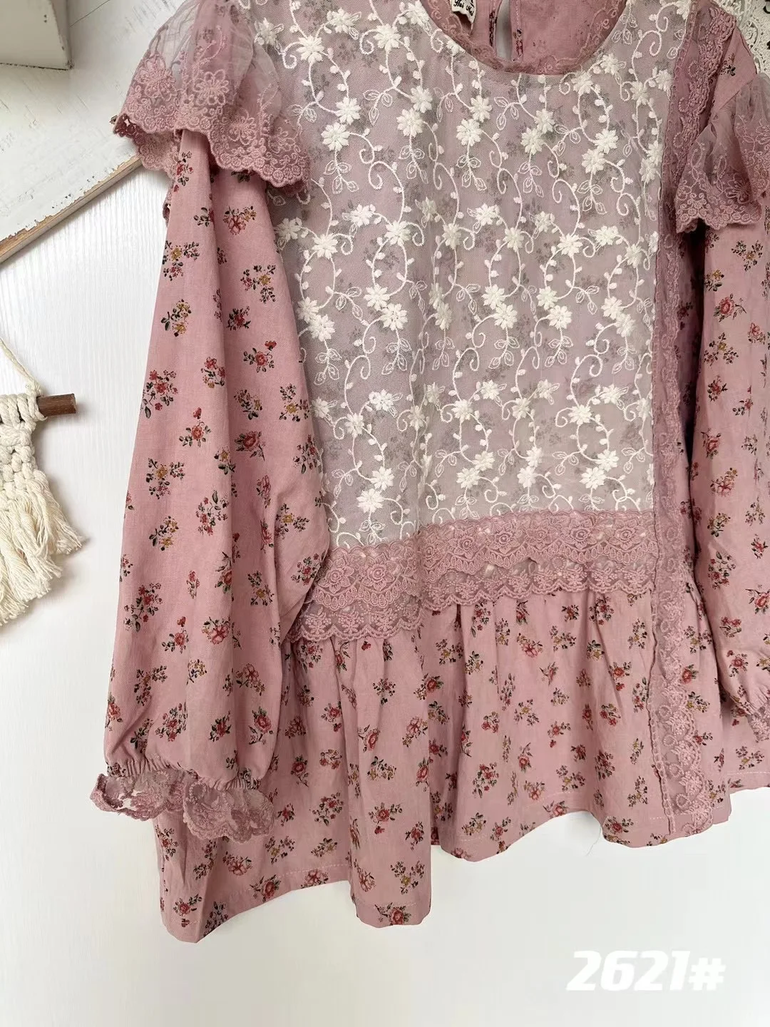 Blusa Holgada de Algodón con Encaje Floral y Parches, Estilo Coreano, para Primavera/Verano