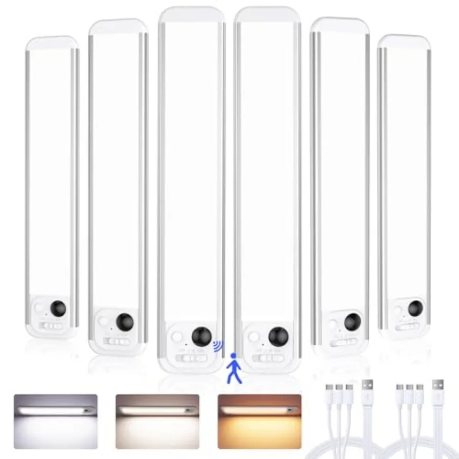 

Светодиодные светильники для установки под шкафом, 8,5 дюймов, 6 штук, 3 цвета, с датчиком движения, для помещений, 48 светодиодов, перезаряжаемые, диммируемые, для установки под столешницу