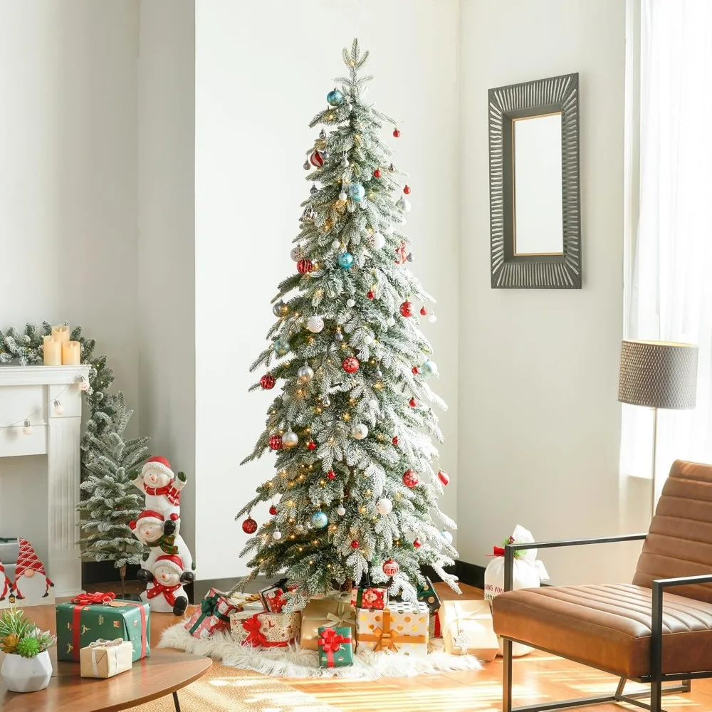 

7.5ft Pre-Lit Flocked Pencil Spruce Artificial Christmas Tree with 350 Warm White Lights Chicago Frostwood Spruce for Xmas Decor