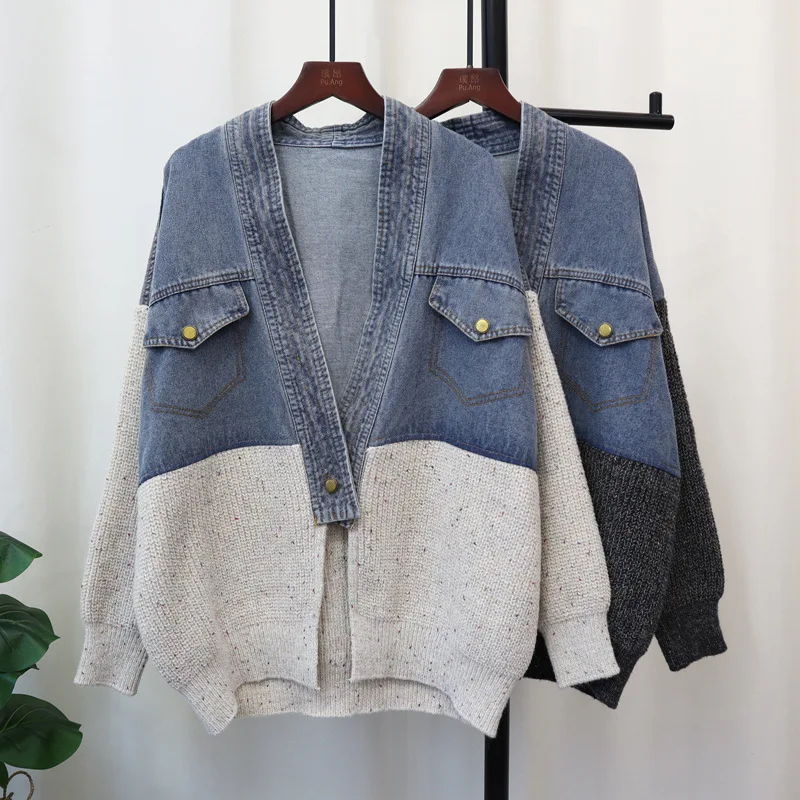 

SuperAen European and American Denim Patchwork Design Knitted Cardigan for Women 2026 Autumn and Winter New Loose Sweater Jacket