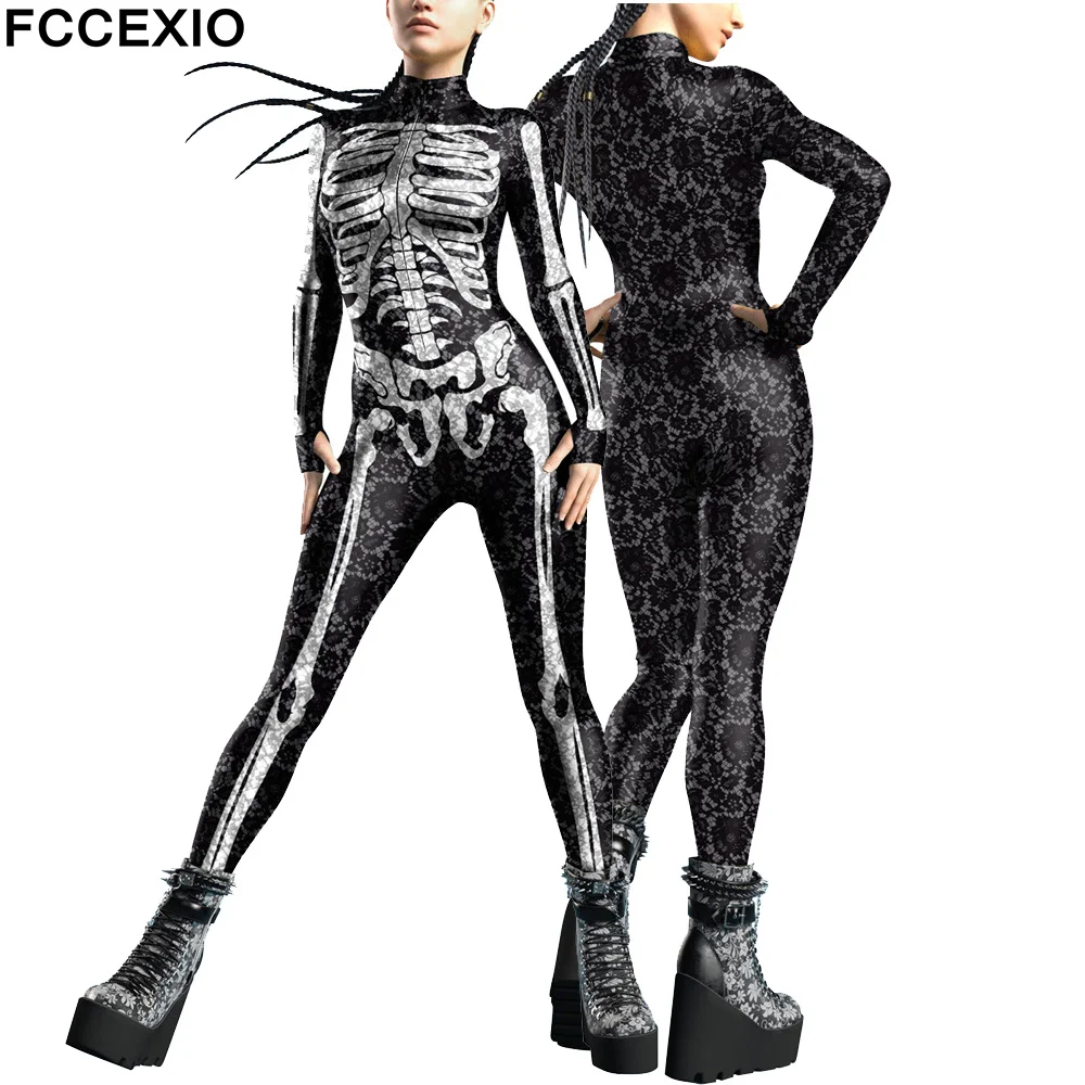 

FCCEXIO Vintage Flowers and Skeleton Women Sexy Jumpsuit Adult Cosplay Costume Party Jumpsuits Carnival Bodysuit Monos Mujer