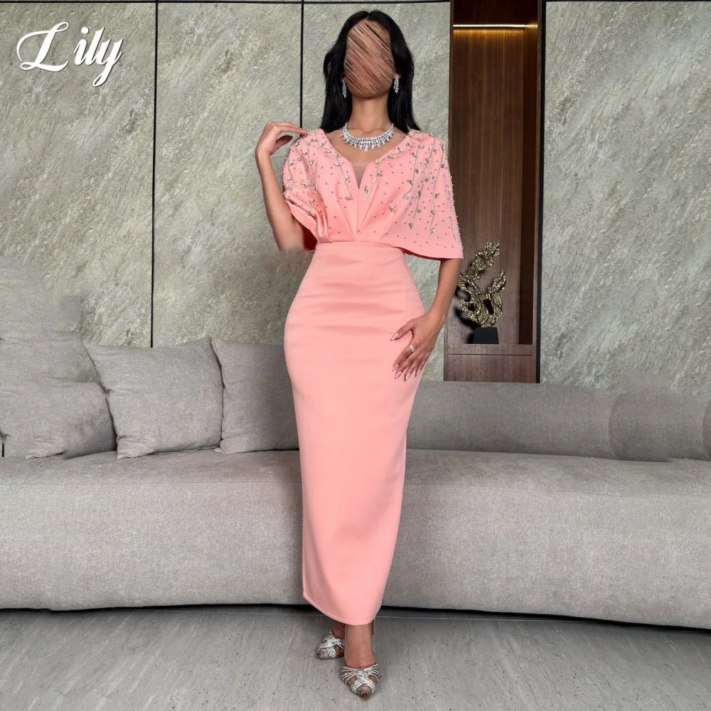 

Lily Pink Mermaid Party Dresses Crystals Evening Dress V-Neck فساتين السهرة Regular Sleeve Gala Dresses Customized