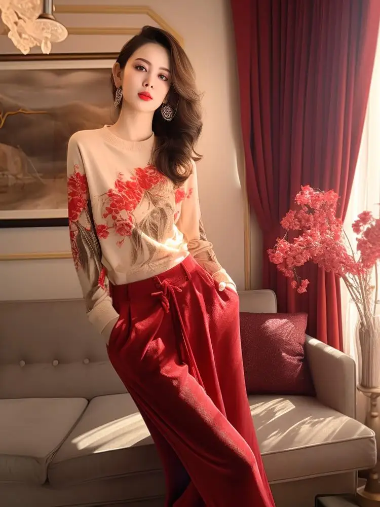 

Red Tea Style Casual Women's Sweater Straight Leg Pants Two-Piece Set Spring Autumn Comfortable Age-Defying Print Outfit