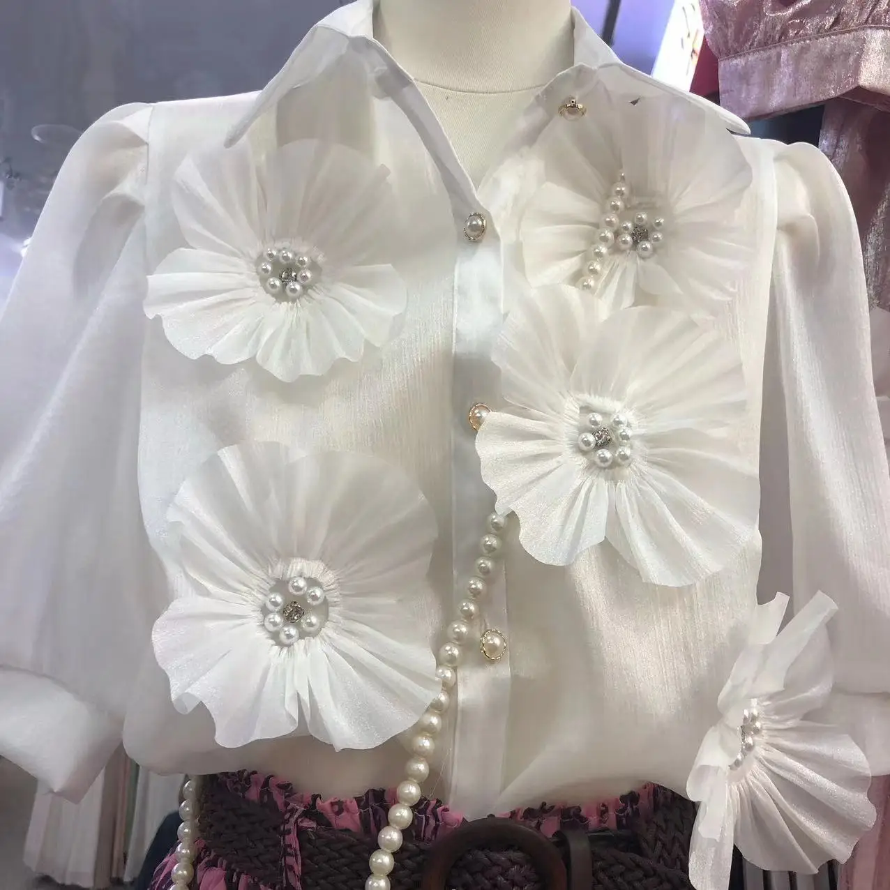 Real Photo High-end Diamonds Beaded Flowers Stitch Blouses Shirts For Women 2024 Summer Short Sleeve Buttons Up Tops Blusa