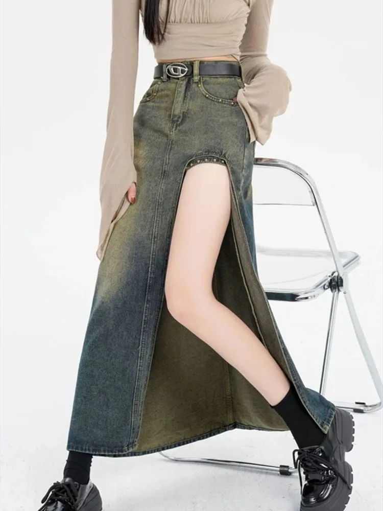 

Women's Blue A-line Long Skirt Vintage Y2k Skirt Harajuku Korean Streetwear Fashion Elegant Skirt 2000s Clothes Summer