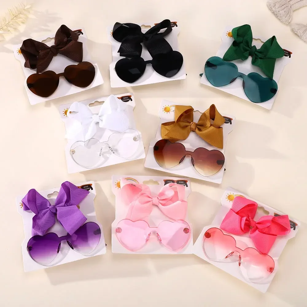 Sunflower Ribbon Headband para Little Girl, óculos de sol retro, Leisure Round Heart Glasses, Big Bows, Toddler Hair Clip Set, 2pcs