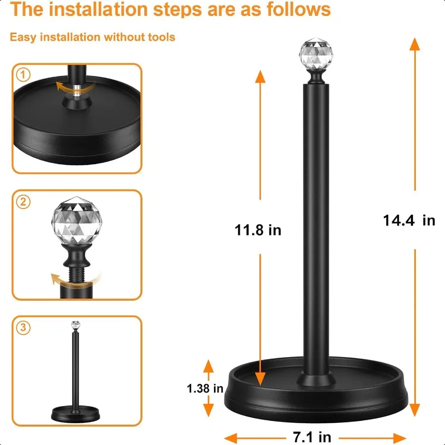 Paper towel holder with crystal head Steel Paper towel holder countertopBlack paper towel holder for Kitchen Countertops Bars D