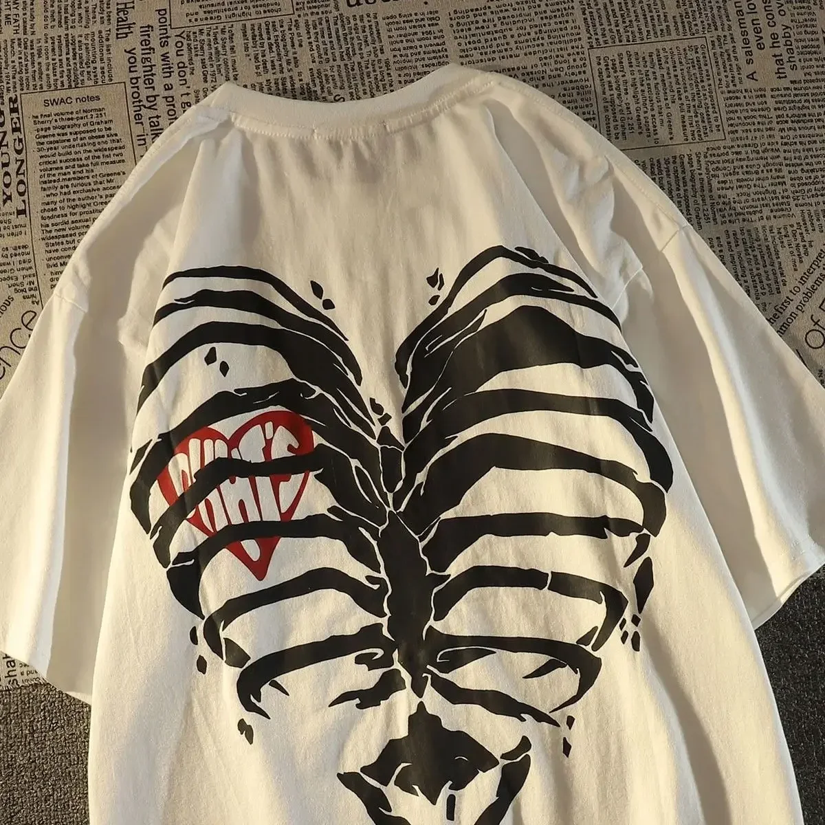 Hip Hop Women T-shirt Street Love Skeleton Print Short Sleeved Loose Top Clothes Oversized T Shirt Clothing Streetwear Tops Tee