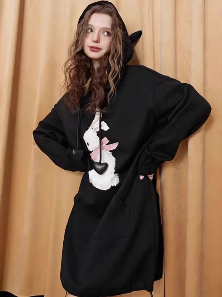 Fashion Y2K Hooded Dress Autumn Winter New High Quality Korean Casual Loose Slimming Mid-Length Sport Suit Top Women