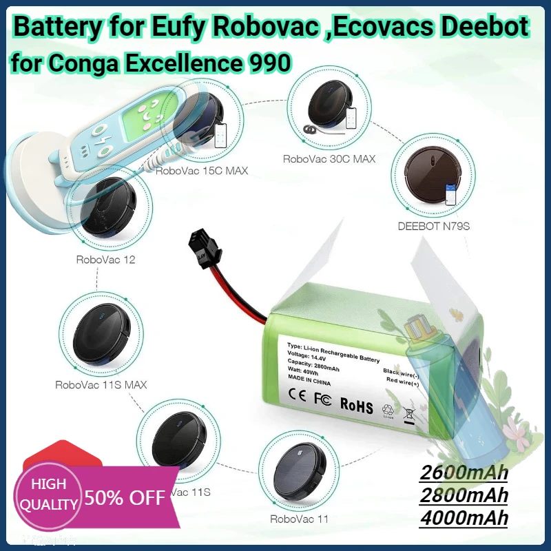 2600mAh/4000mAh Robot Vacuum Cleaner Battery for Conga Excellence 990 Ecovacs Deebot N79S N79 DN622 Eufy Robovac 11S 12 35C X500