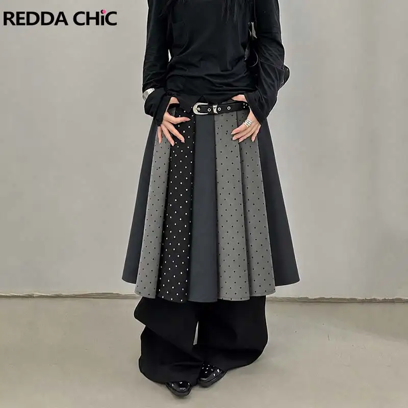 REDDACHiC Women Polka Dots Midi Long Skirt Modern Low Waist A-line Draped Pleated Patchwork Contrast Long Skirt Lounge Bottoms