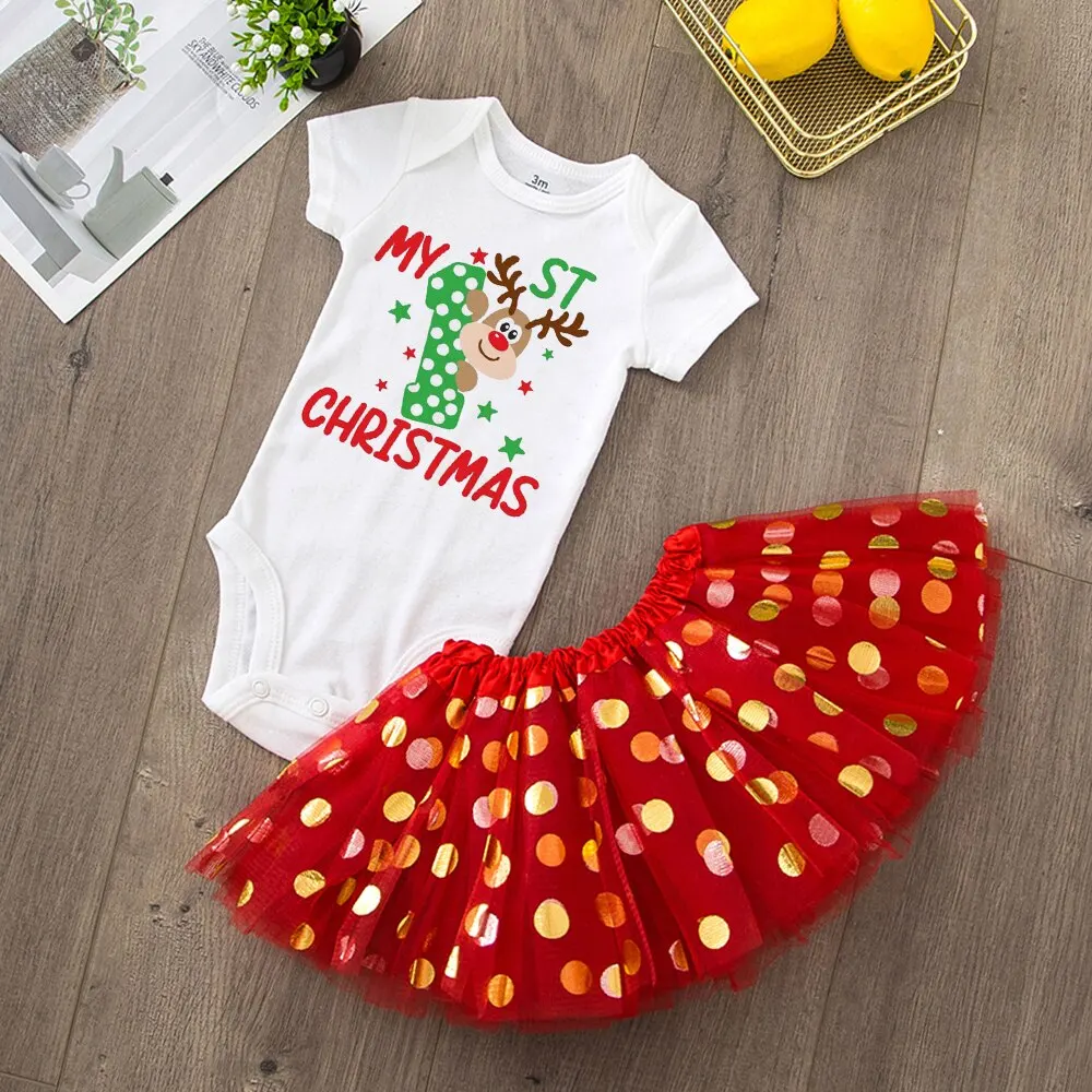 My First Christmas Newborn Girl Red Romper Jumpsuit Baby Girl Casual Short Sleeve Toddler Cake Dresses Christmas Best Gifts