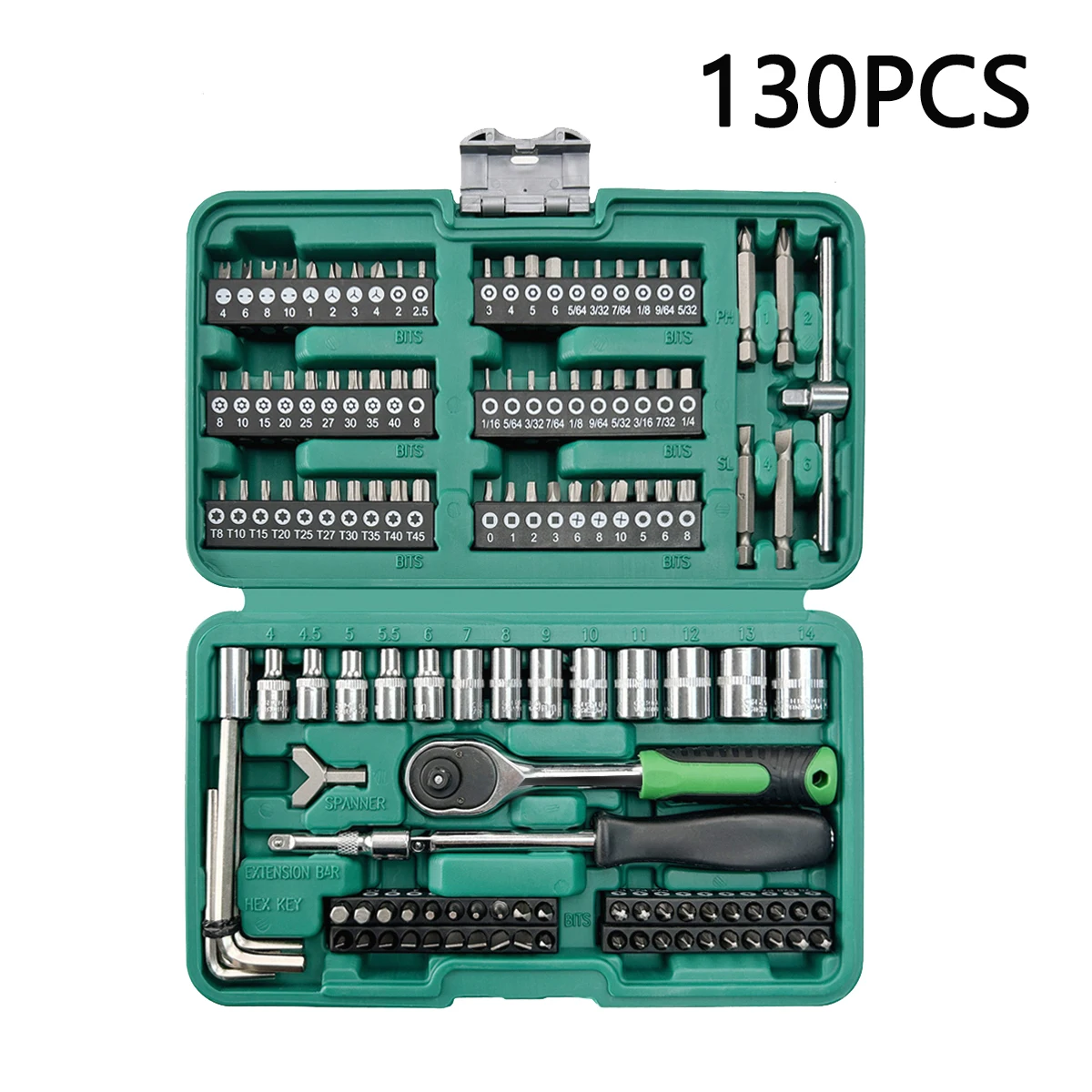 

A complete set of 130 1/4-inch drive, socket bit, and wrench tools, a professional automotive repair tool kit