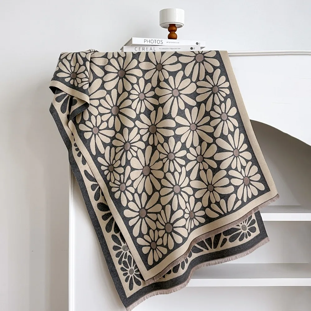 

Cozy Versatile Faux Cashmere Scarf Windproof Warm Floral Print Shawl Luxury Thick Poncho Scarves Winter Season
