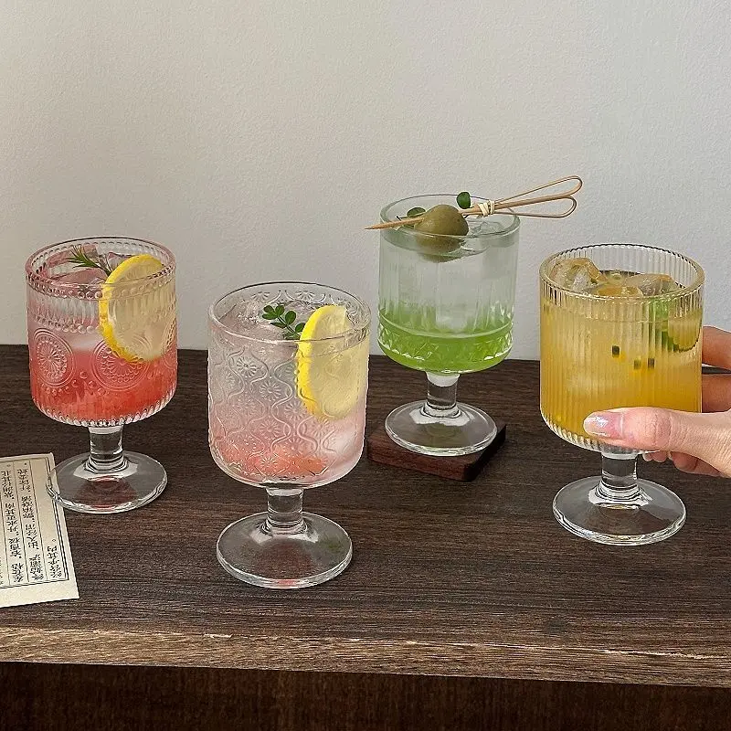 4pcs Set Vintage Embossed Mixed Pattern Wine Glass,Wine Juice Drink Cup ,Party Wedding Home Glass Cup Goblet