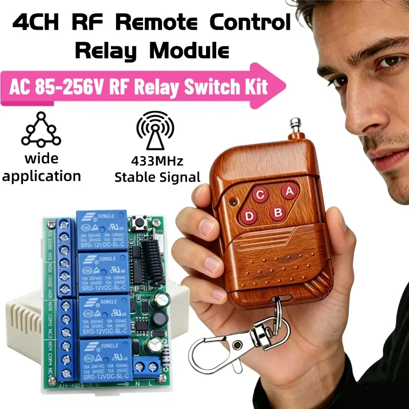 220V 85-256V 433Mhz 4-Channel Relay Wireless Remote Control Switch +4 Keys Remote Controls for Garage Door LED Lighting Curtains