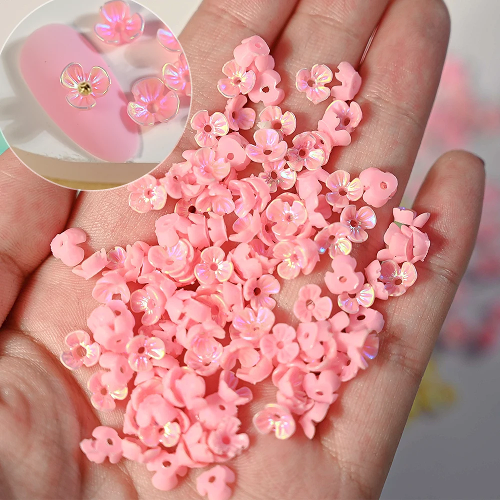 100pcs Pink Petal Flowers Nail Art Charms 6mm Resin Flatback Floral Manicure Rhinestones For Kawaii Korean Nail 3D Decorations