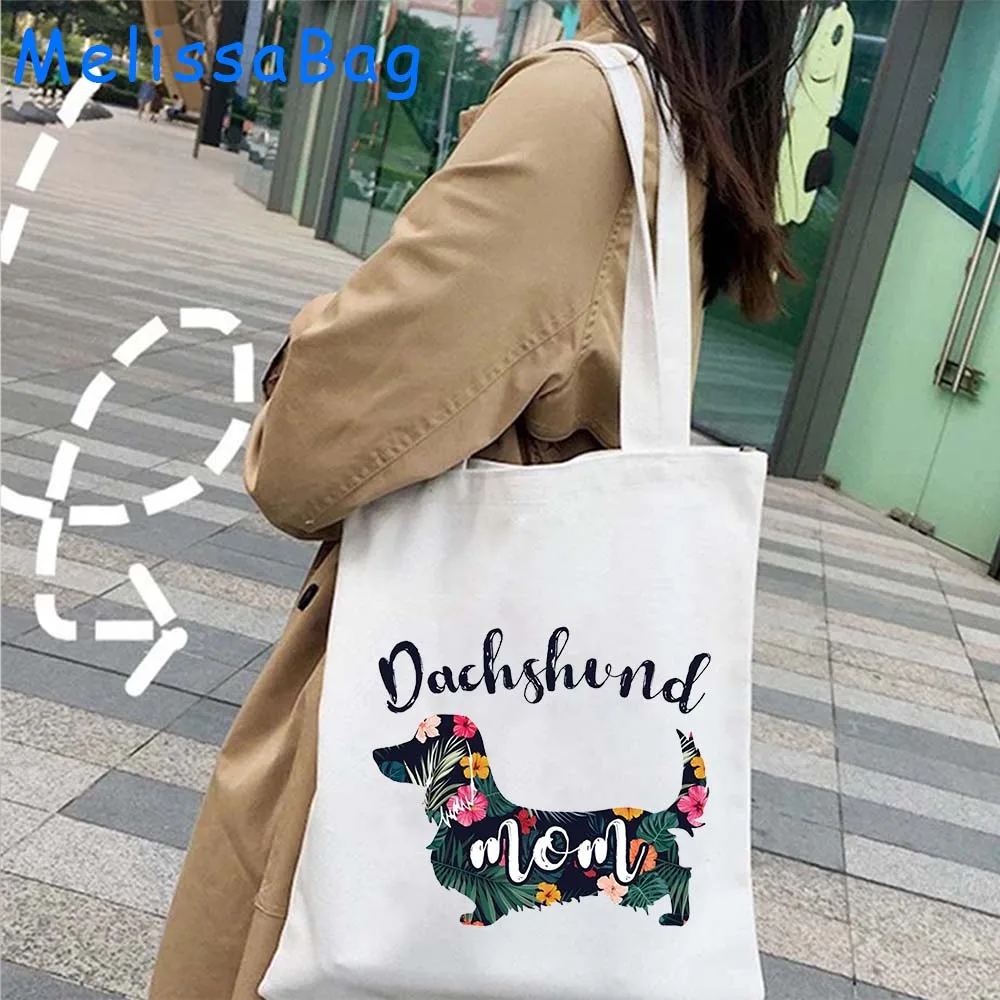 Cute bassotto Puppy Dog Mom Floral Silhouette Funny Cartoon Hippie Dog Lover Heart Gift Canvas Shoulder Tote Bag borsa in cotone