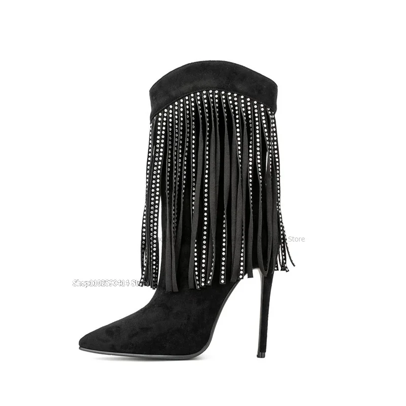 Crystal Tassels Decor Black Pointed Toe Boots Mid Calf Side Zipper Women Shoes Thin High Heels Fashion 2023 Zapatos Para Mujere