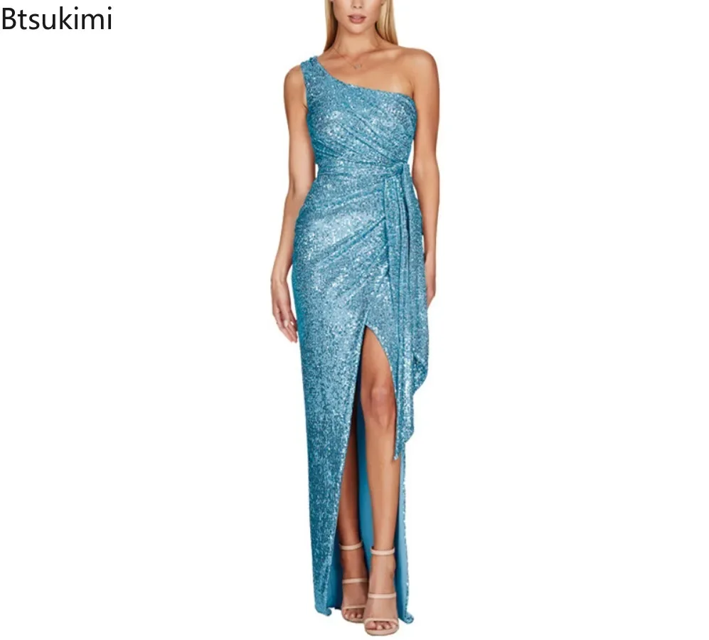 Women's Sexy Single Shoulder Sequined Long Dress Elegant Luxury Party Evening Dresses Asymmetrical Design Maxi Dresses 16 Colors