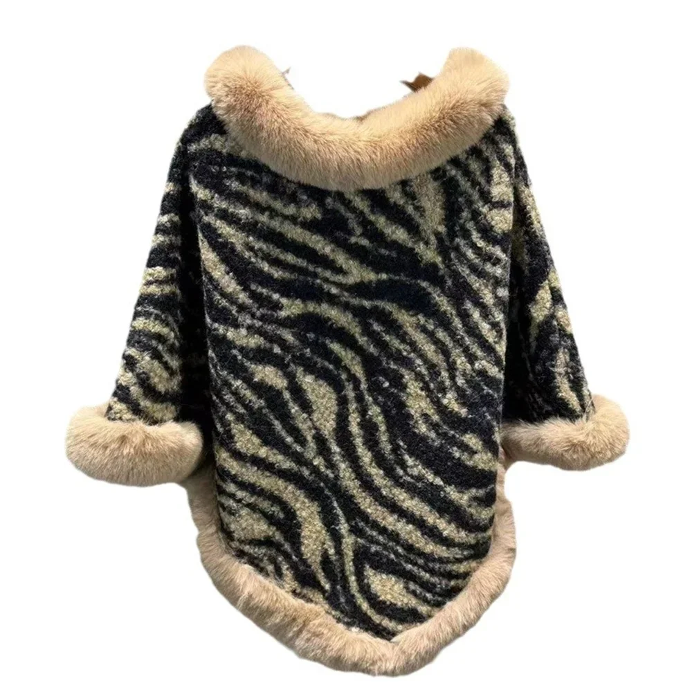 5 Colors New Women Granular Velvet Pullover Faux Fur O Neck Loose Cape Outer Wear Winter Thick Warm Zebra Printed Shawl Overcoat