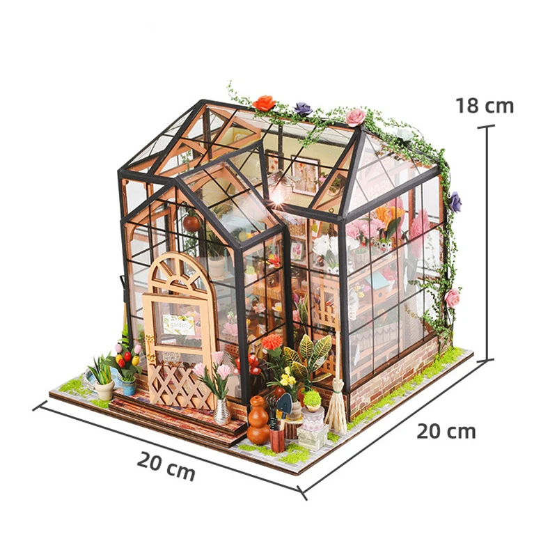 DIY ไม้ Miniature Model Kit Jenny Greenhouse Casa บ้านตุ๊กตา 3D ปริศนาตุ๊กตาพร้อมไฟเฟอร์นิเจอร์สําหรับของขวัญเพื่อน