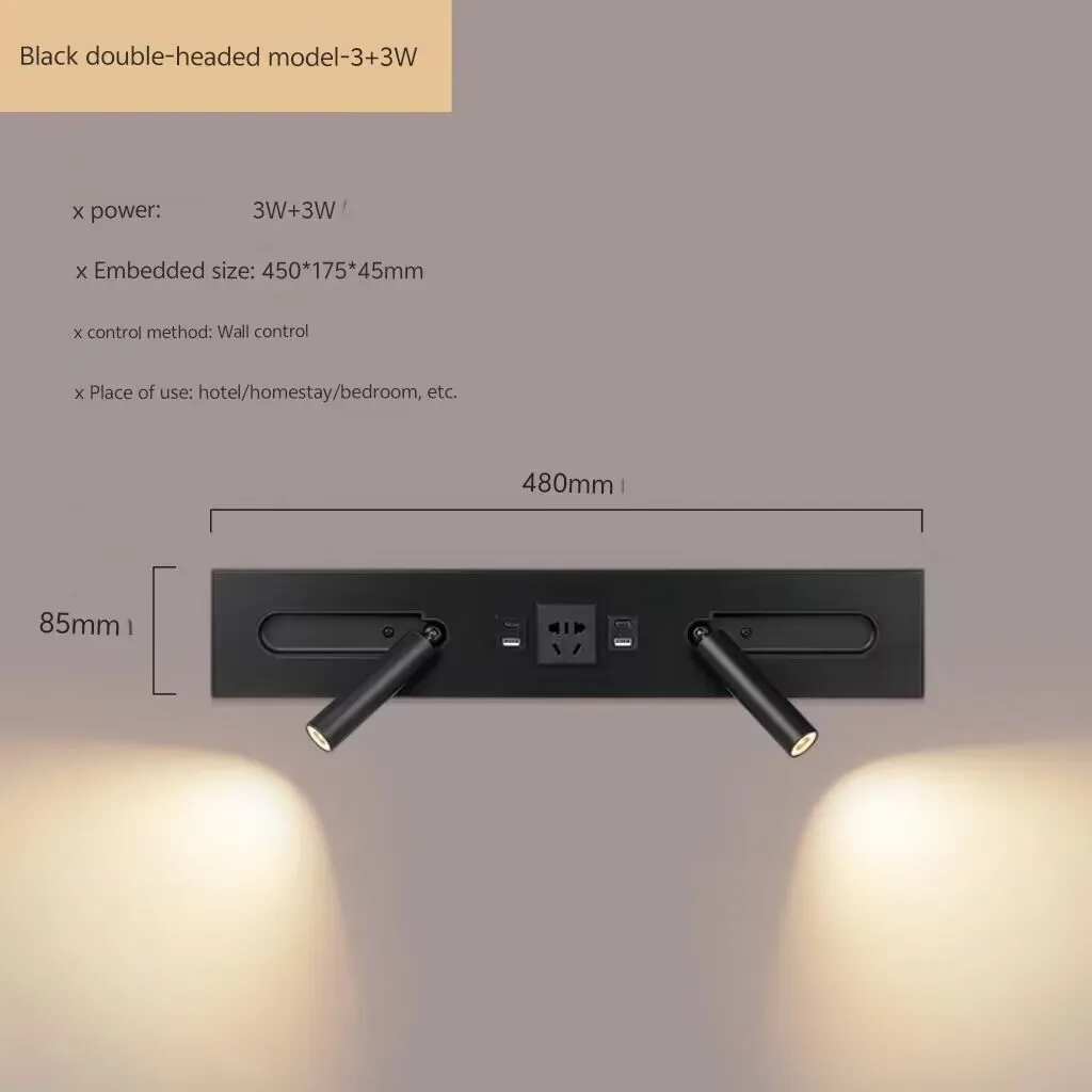 Hotel guest rooms are equipped with double head wall lamps, multi functional rechargeable wall lamps, and reading spotlights.