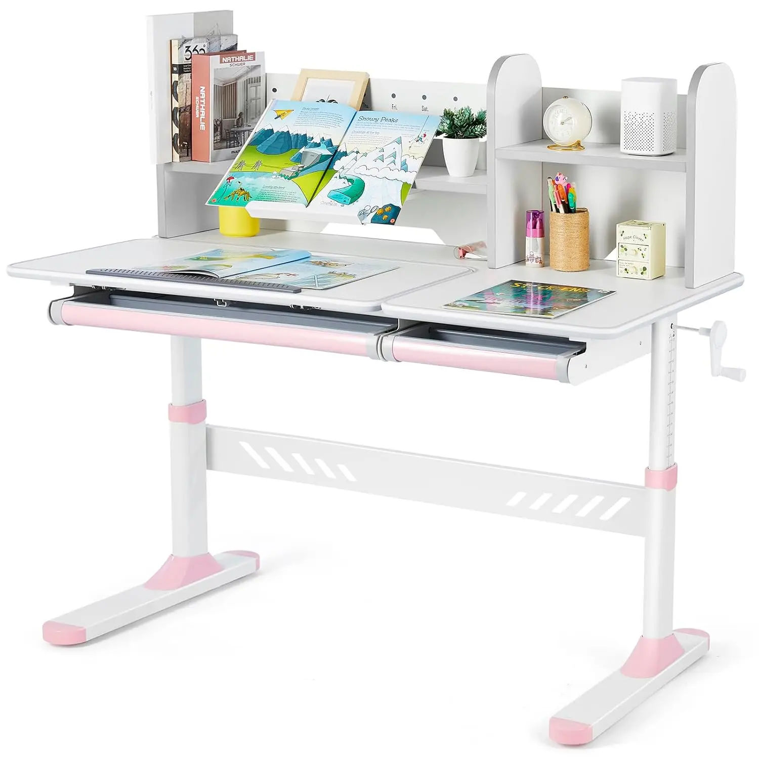 Adjustable Kids Desk with Hutch Storage Drawers 50° Tilt Desktop Height Adjust Age 5+ Reading Drawing Home School, Customized