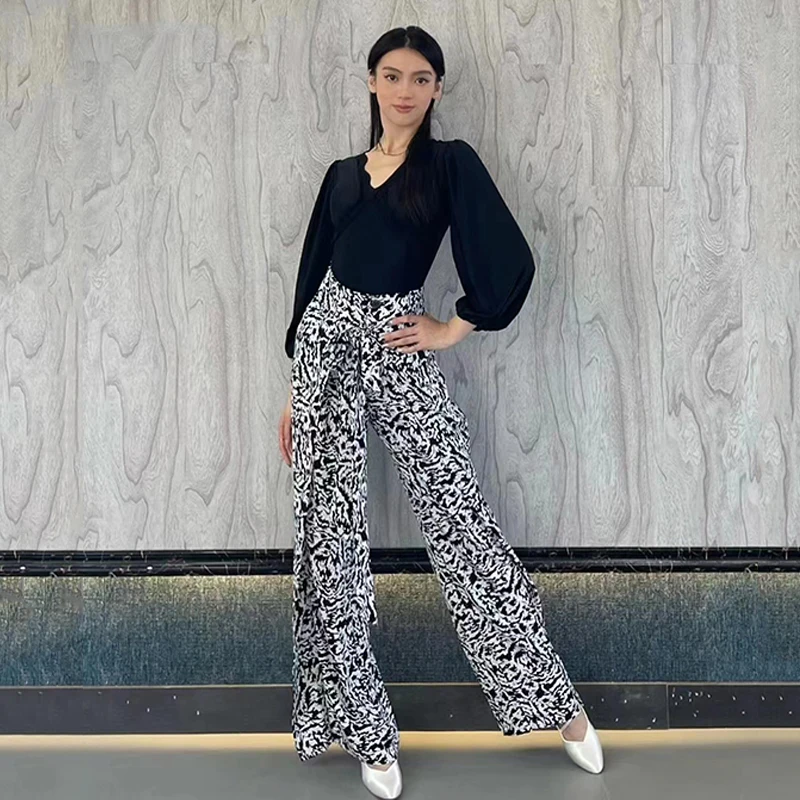 

Latin Dance Clothing Ballroom Dance Top Pants Loose Practice Wear Women Rumba Waltz Dance Costume Bishop Sleeve Bodysuit BL11223
