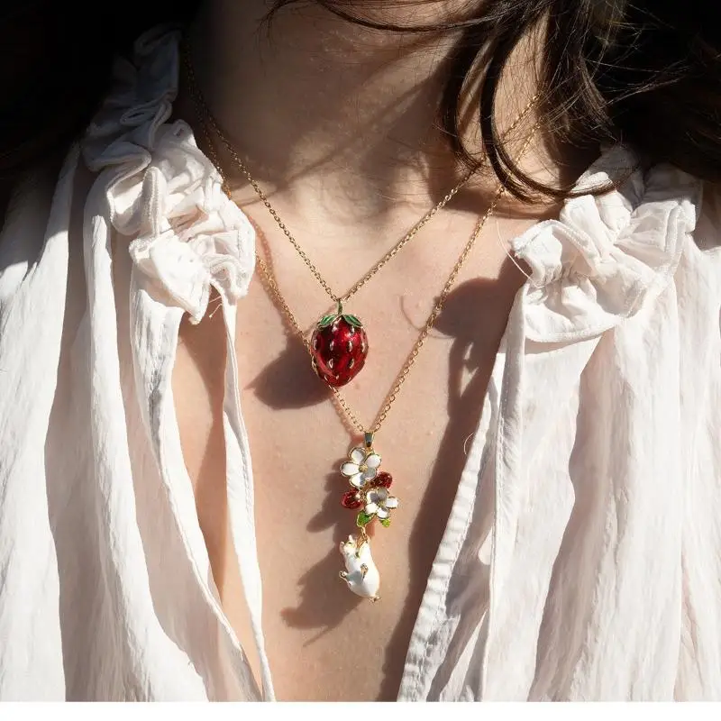 Gold Plated Hamster Locket Necklace Fruit Design Enamel Opening Pendant Daily Wear Lovely Gift
