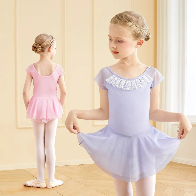 Trendy Girls Pink Short‑Sleeve Tutu‑Style Ballet Leotard Soft Cotton Gymnastics Outfit for Skating Performance and Dance Class