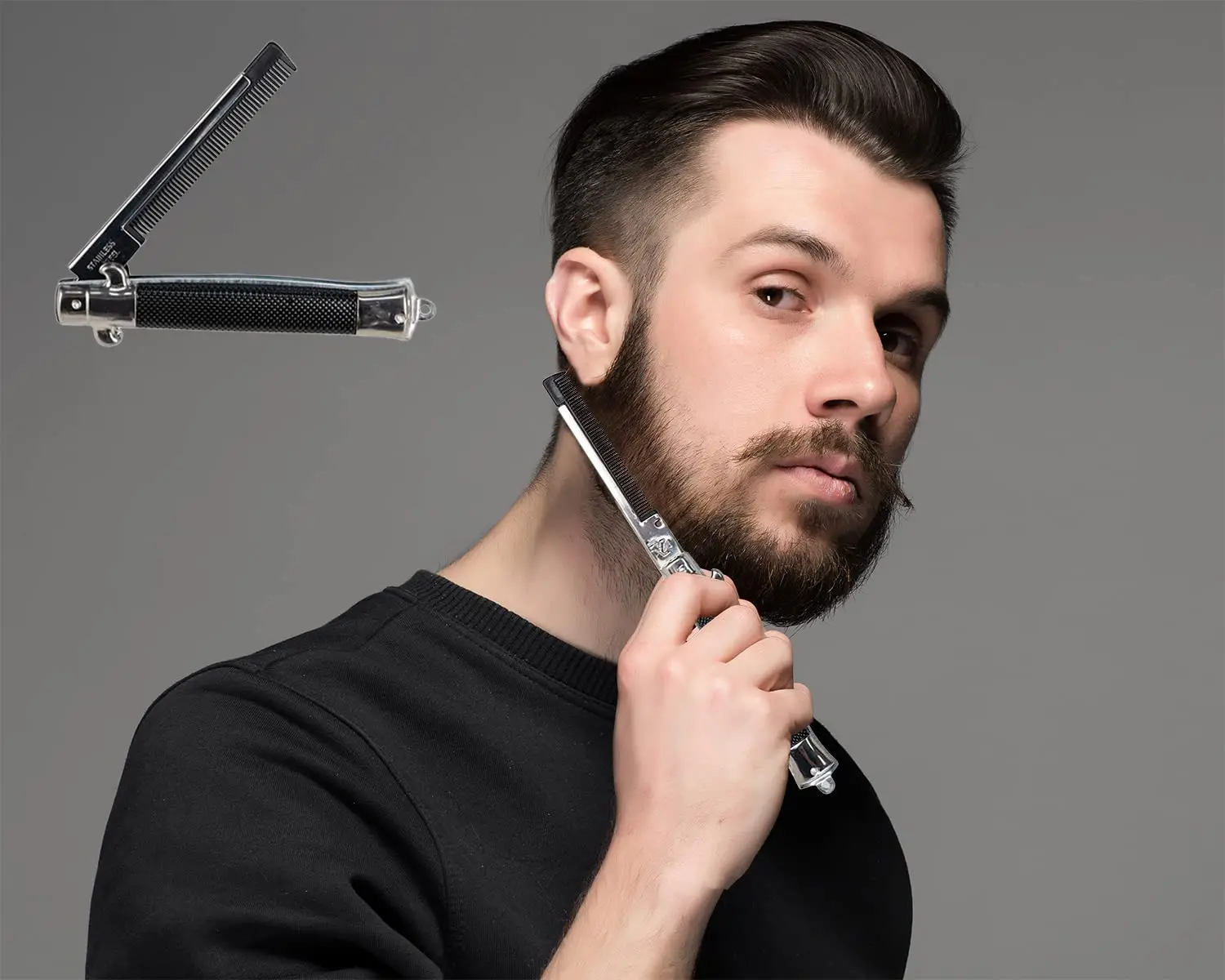 9 inch roestvrijstalen opvouwbare kammen Switch-Blade opvouwbare zakkam Mannen draagbare trimmerkam Haaraccessoires