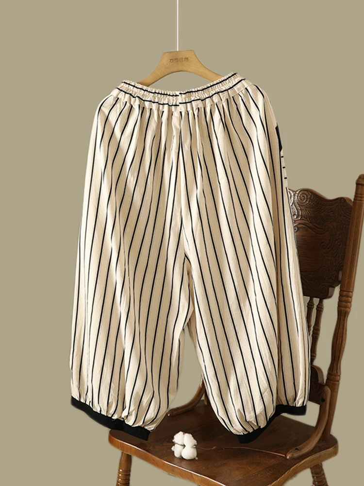 High Waist Wide Leg Harlan Pants Cotton Linen Belted Casual Summer Slimming Eighteen Pants Striped Pattern Large Size Women's