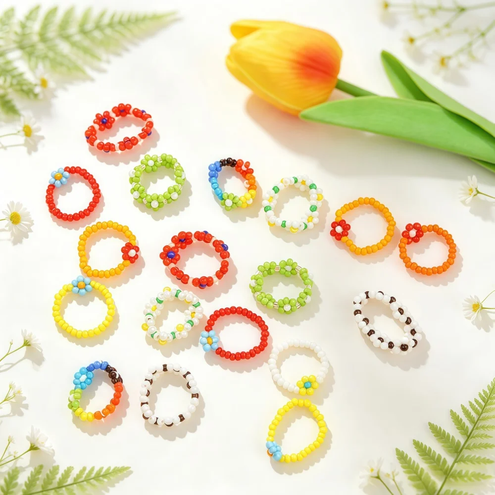6/12Pcs/Lot New Fashion Cute Candy Color Stretch Beaded Rings For Women Gummy Bear Daisy Flower Boho Festival Jewelry Gifts