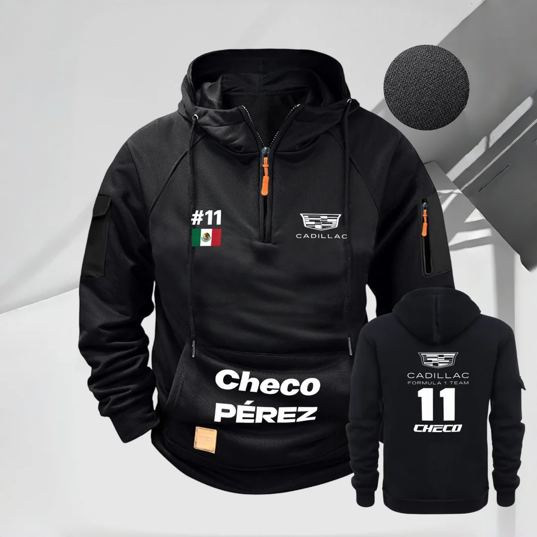 Sudadera con capucha de media cremallera estilo Cadillac F1 Racing para hombre, Sudadera con capucha deportiva informal con múltiples bolsillos Sergio Pérez 11
