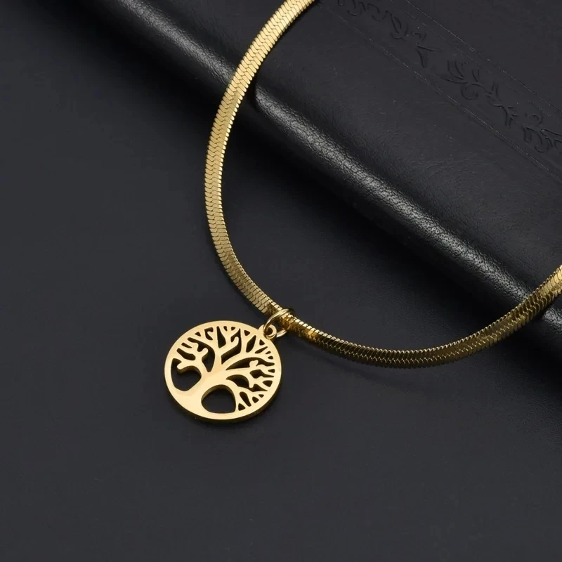 Heart Shape Tree of Life Pendant Necklace Women Girls Stainless Steel Sweater Chains Vintage Amulet Jewelry Gift for Mother