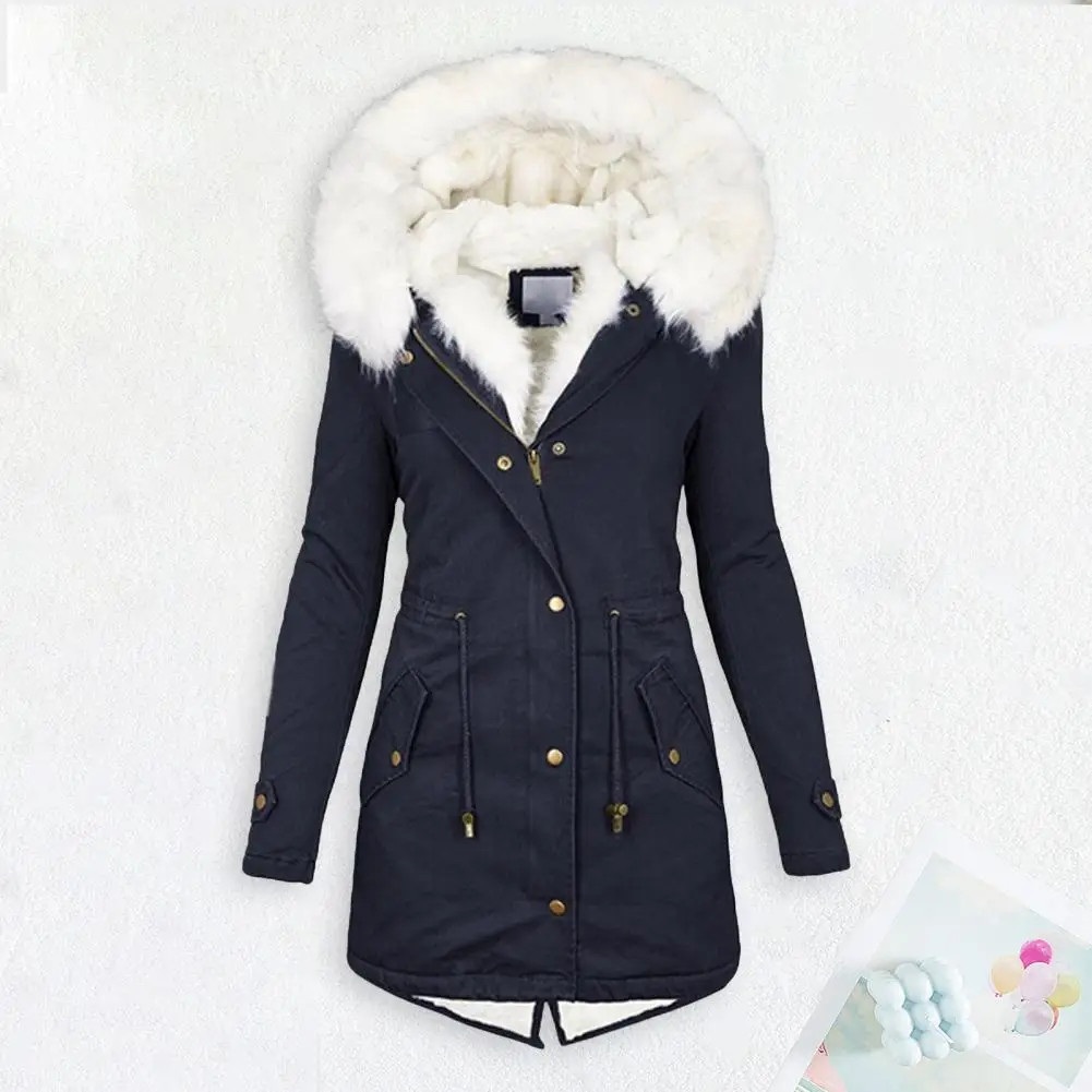 Lady Coat Furry Hooded Jacket Thick Plush Lined Mid Length Cold-proof Outerwear with Pockets And Drawstring Waist Daily Overcoat