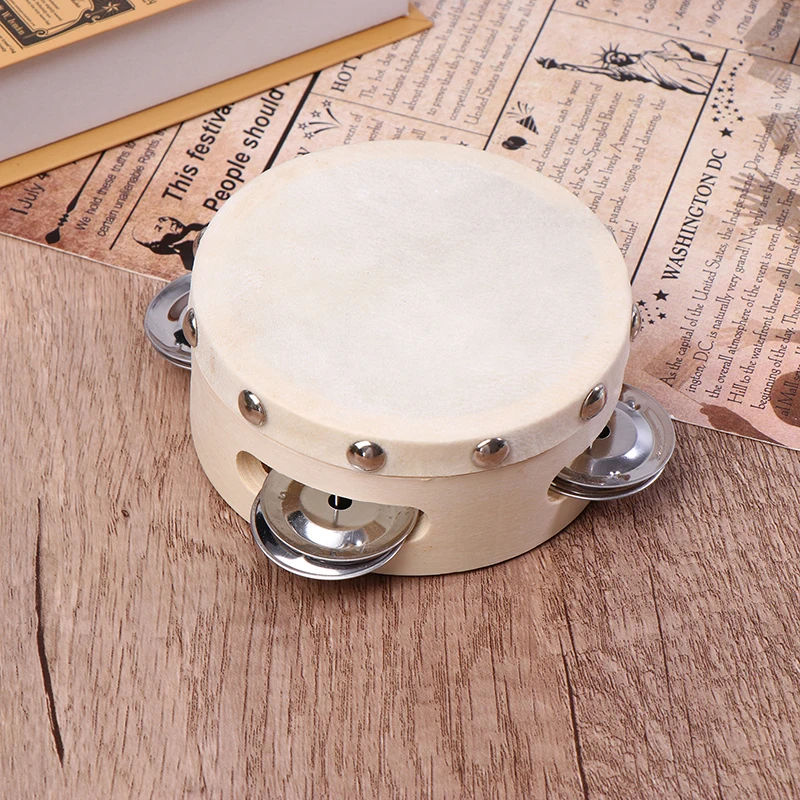 4 Inch Hand Held Tambourine With Metal Single Row Jingles Sheepskin Drum Skin Wooden Tambourines Entertainment Musical Toy