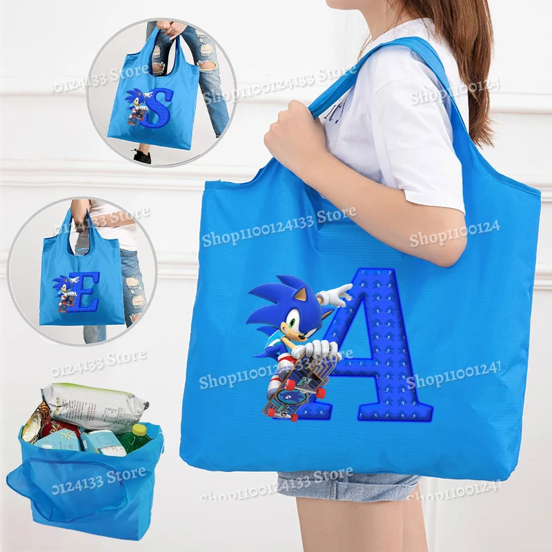 Soniced Blue Shopping Bag Cute Letters A-Z Anime Portable Folding Reusable Large Capacity Storage Handbag Case Kids Kawaii Gift