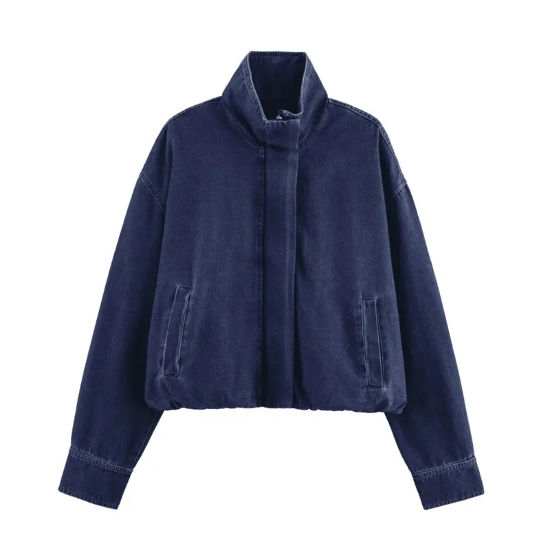

Denim Cropped Jacket Women Casual Chic Zipper Pleated Jackets Outerwear 2025 New Autumn Casual Loose Fashion Long Sleeves Tops