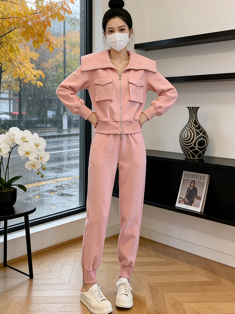 

Cool Sporty Casual Women's Two-Piece Set Pink Open Cardigan Top Sweatpants Comfortable Fashionable Age-Defying Spring New