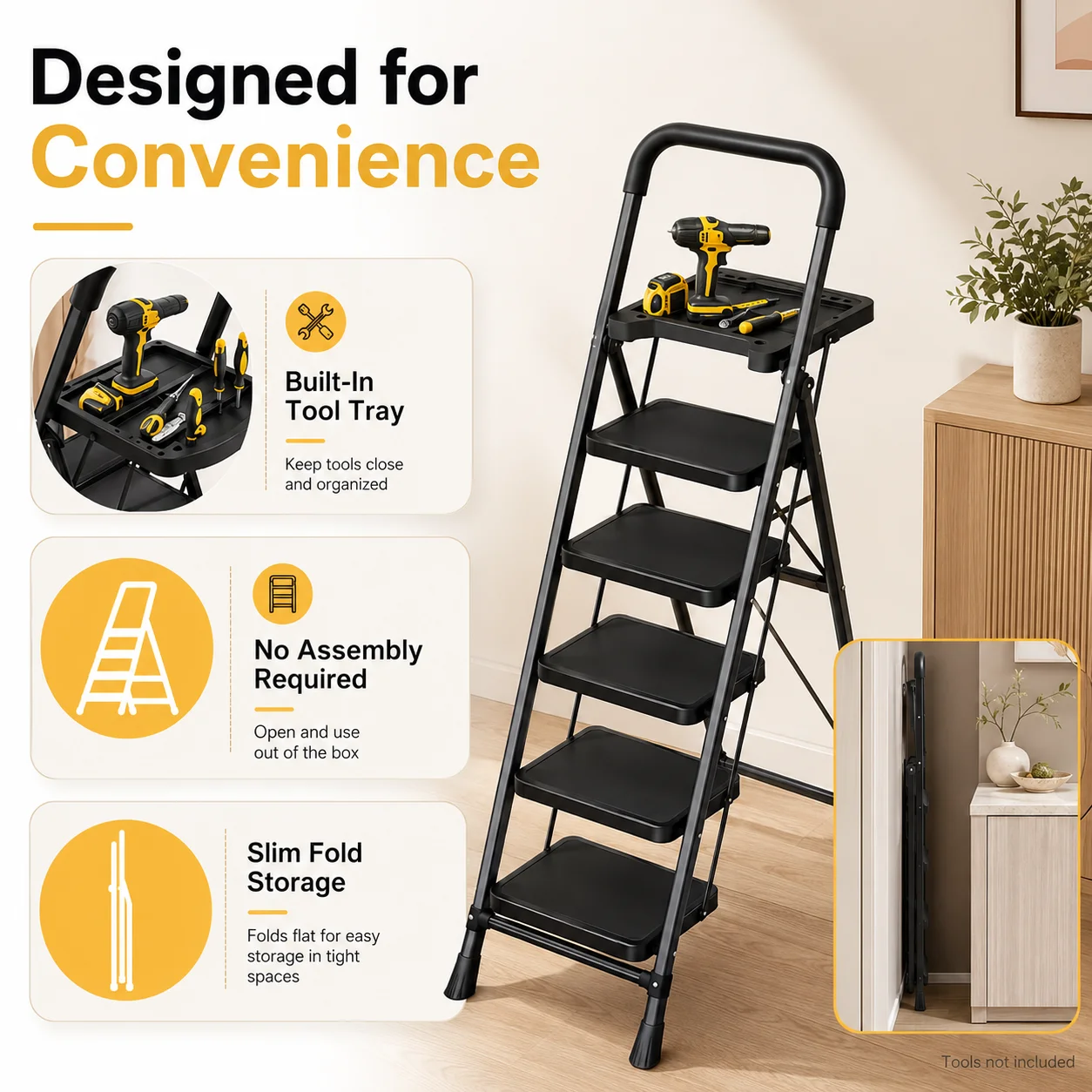 5 Step Folding Ladder with Tool Tray Heavy Duty Steel Step Stool with Wide Anti Slip Steps and Handrail No Assembly Portable Slim Fold Ladder for Home Kitchen Garage Closet DIY Repair Painting Cleaning Storage Shelf Stocking Indoor Outdoor Daily Use