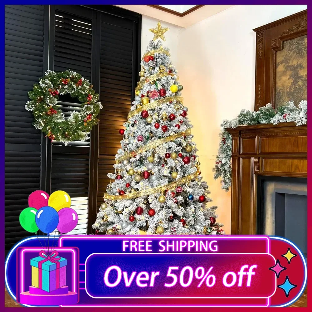 7.5 ft Snow Flocked Christmas Tree, Artificial Christmas Tree with Pine Cones, 500 Warm White Lights, 1446 Tips, Metal Stand