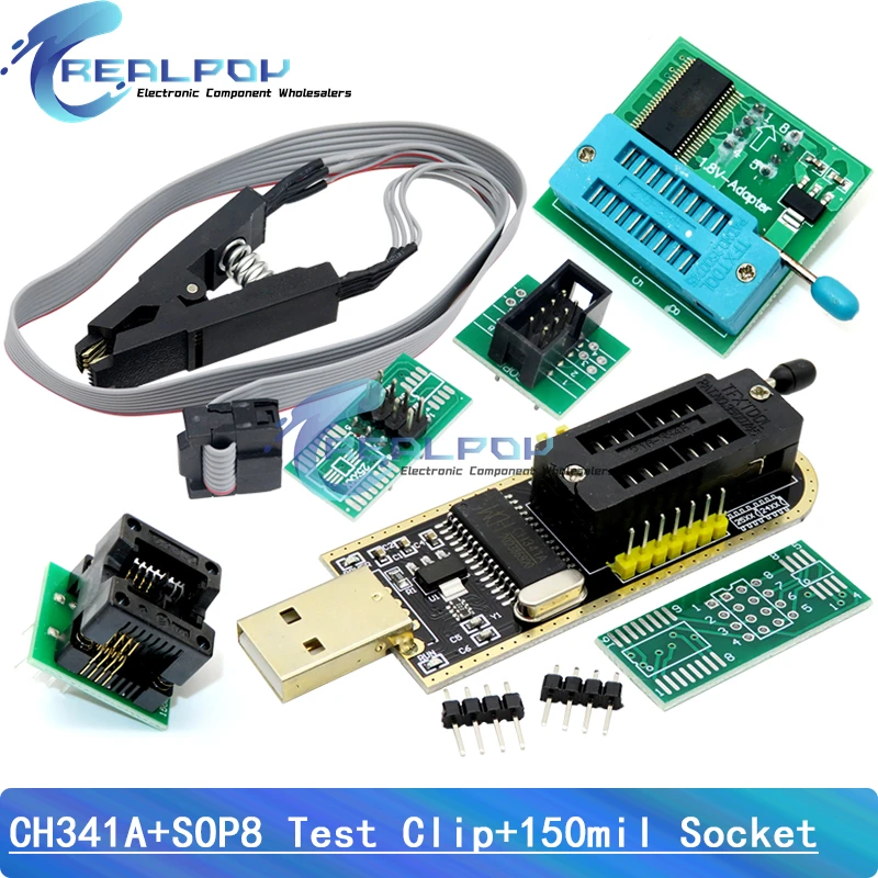 

CH341A Programmer adapter+SOIC8 adapter+ SOP8 clip with cable+1.8V adapter CH341A EEPROM Flash BIOS USB programmer ZIF adapter