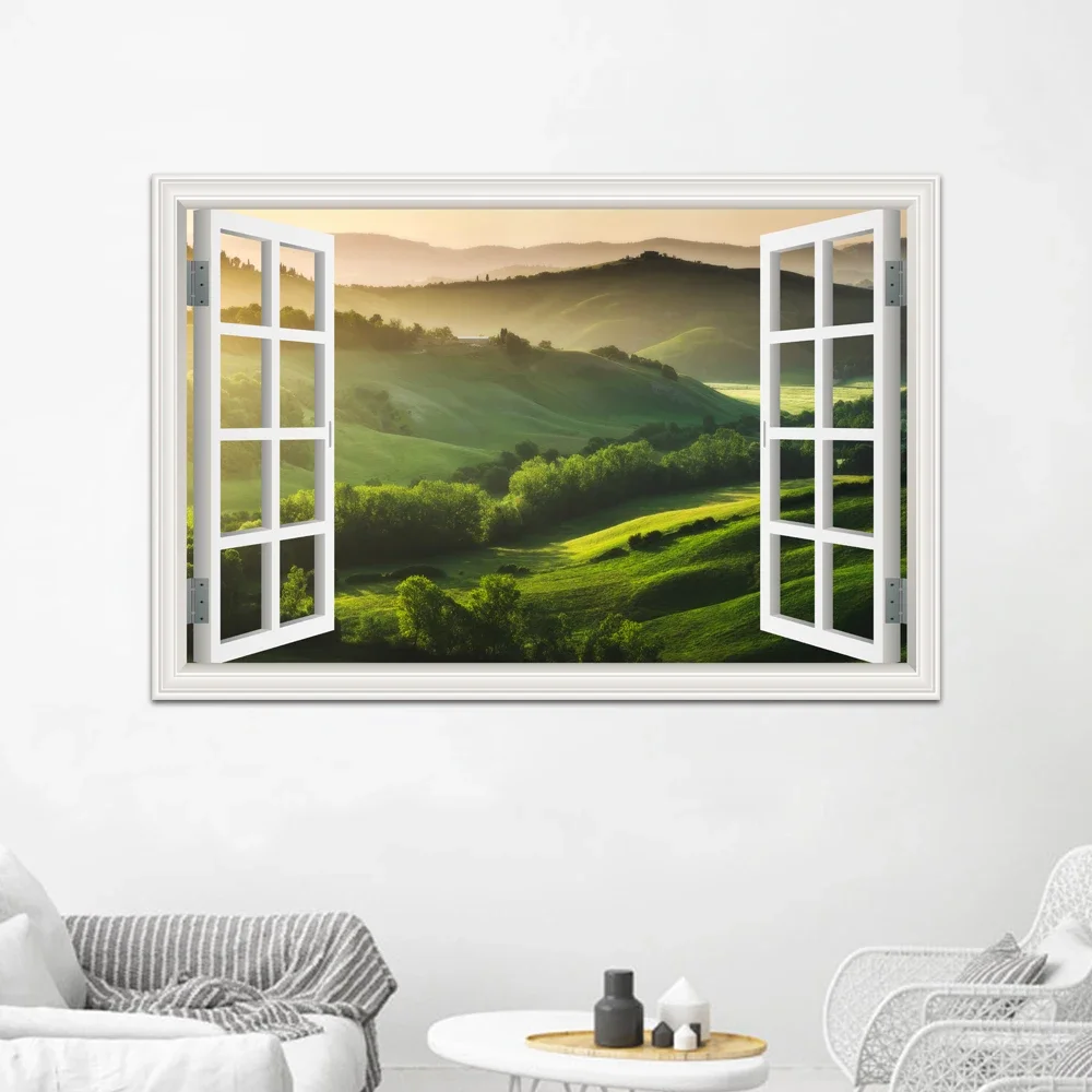 Nature Landscape 3D Fake Window Sticker Green Grassland Mountain Vinyl Decal Room Decor Self-adhesive Wallpaper Peel And Stick