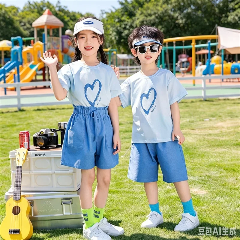 Family Matching Outfit Heart Print T Shirt Denim Shorts Mother Daughter Father Son Couple Camping Daily Parent Child Outfit